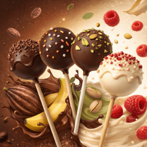 Pack premium 10 cake pops (chocolat blanc framboise, chocolat noir pistache, chocolat noir banane et chocolat noir)